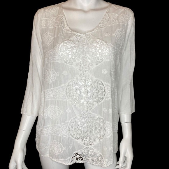 CHICOS Size 1 US M‎ White Gauzy Cotton & Crochet Lace Embroidered Top 3/4 Sleeve - Picture 5 of 6